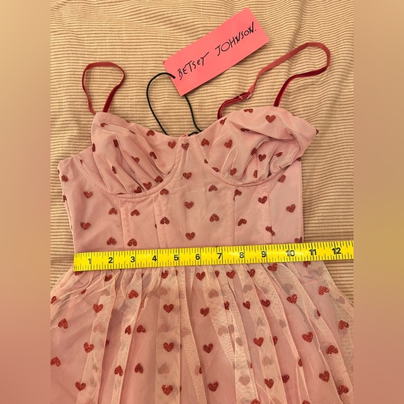 Betsey Johnson Sequin-Heart Bustier Dress. Metallic Heart Print Mesh Midi Dress - Picture 2 of 7